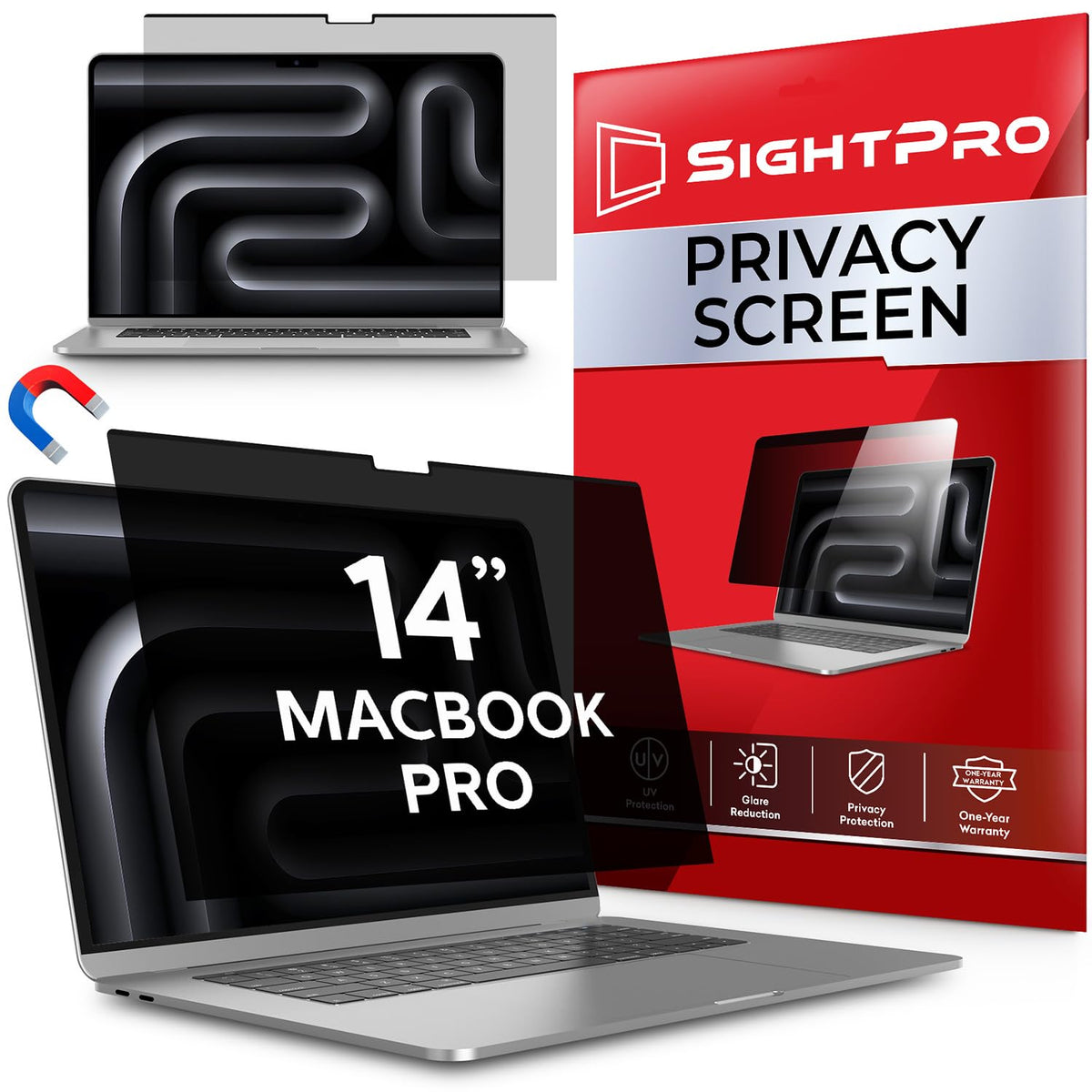 SightPro front view on MacBook Pro 14 showing clean snap-on benefit
