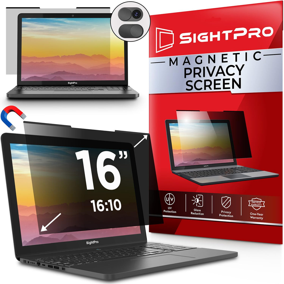 SightPro front view of packaged privacy filter showing neat protector and branding benefit: quick privacy
