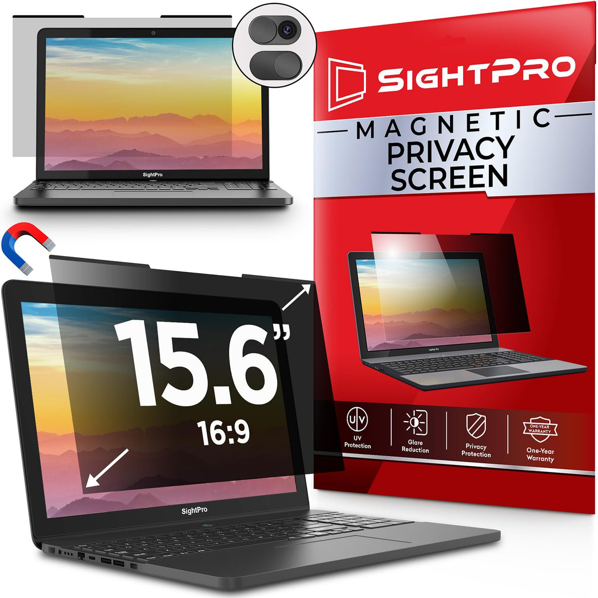 SightPro front view of packaged privacy screen, shows clean retail presentation and included accessories