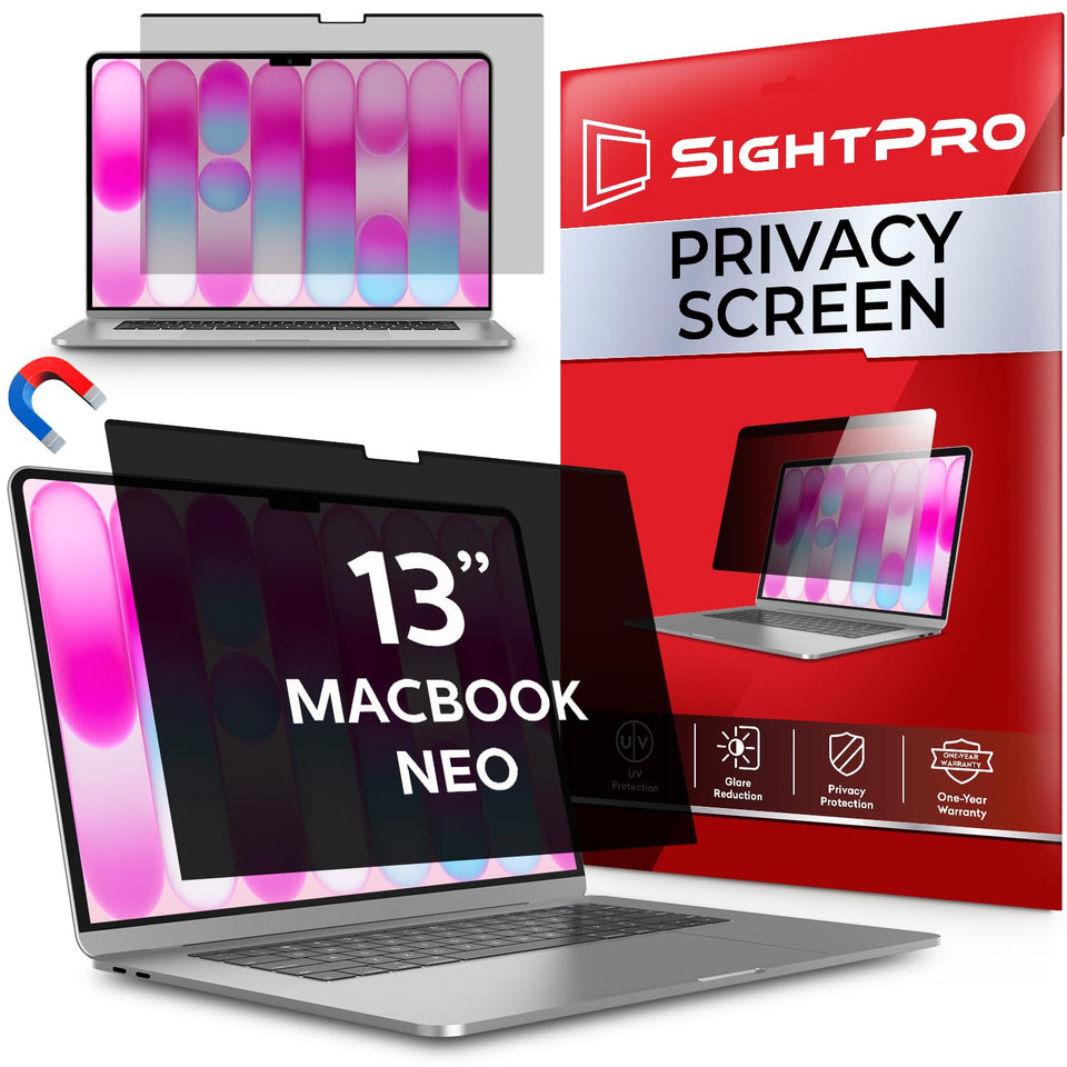 SightPro magnetic privacy screen top attachment for MacBook Neo enhances on-the-go privacy.