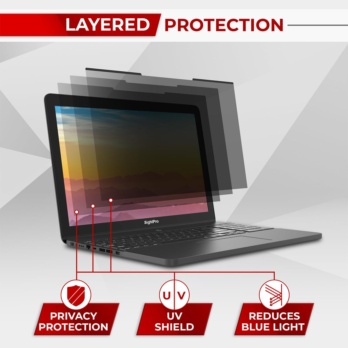 SightPro installed on laptop in airplane setting for travel privacy protection