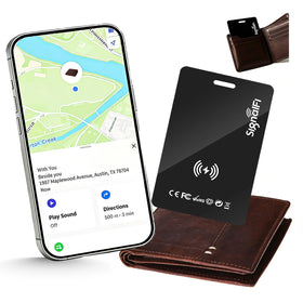 SIGNALFI front view showing slim tracker card and branding, ideal for discreet tracking