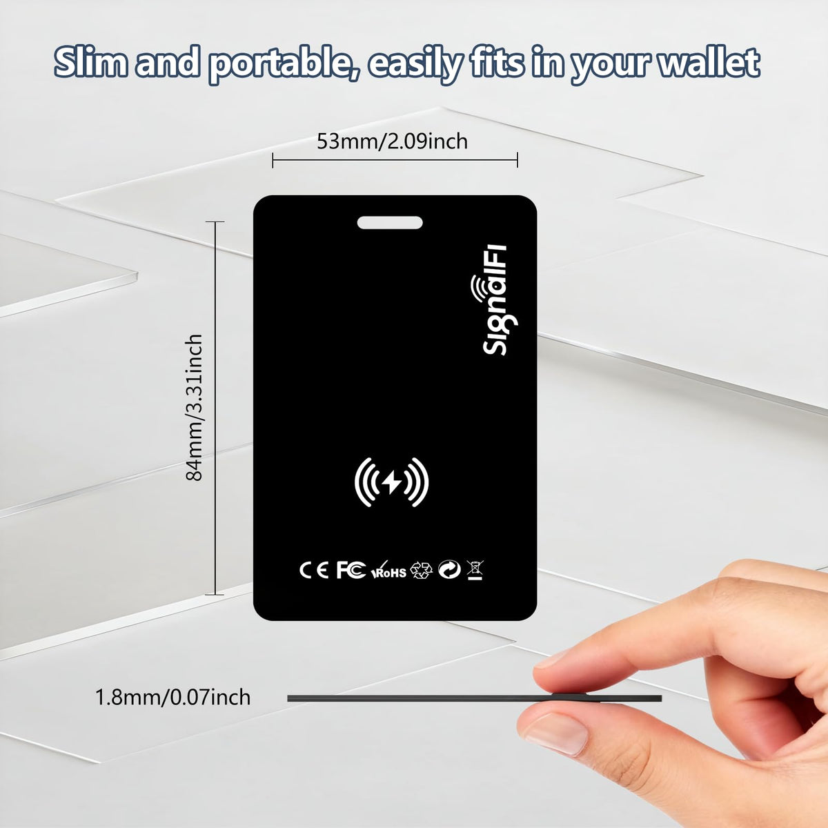 SIGNALFI close-up of card edge demonstrating 0.07in thinness for easy wallet fit