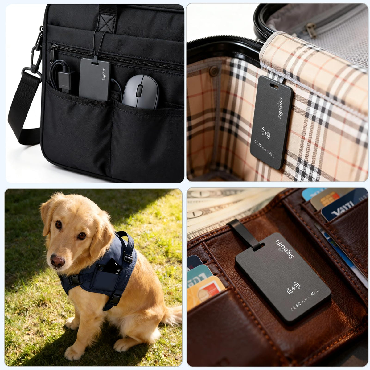 SIGNALFI card alongside luggage and passport showing travel-ready tracking peace of mind