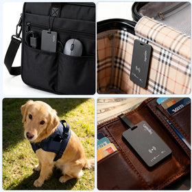 SIGNALFI card alongside luggage and passport showing travel-ready tracking peace of mind