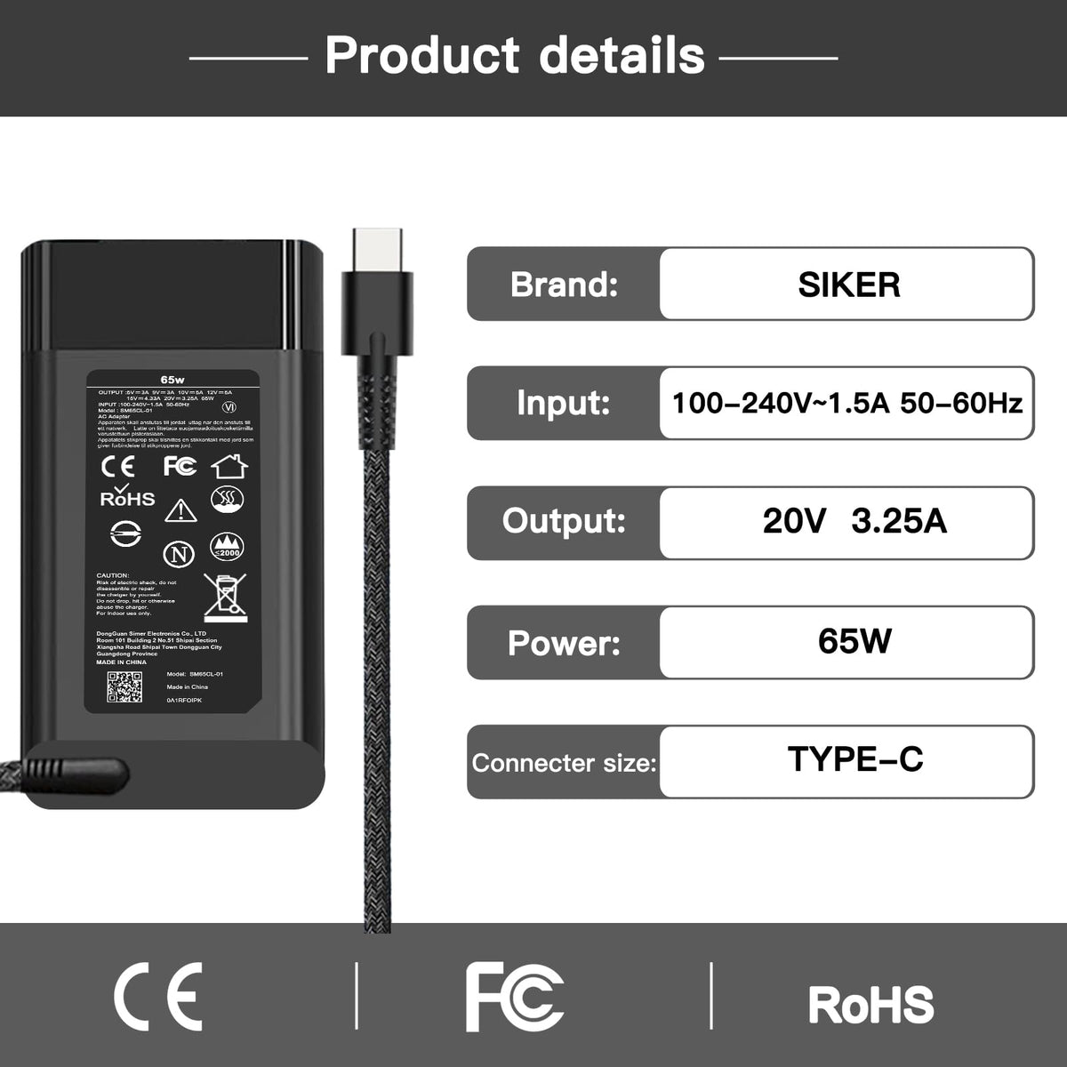 SiKER USB-C charger suitable for Chromebooks and USB-C devices