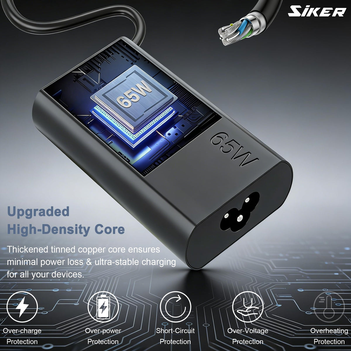 SiKER Lenovo ThinkPad-series charger, angled shot, reliable replacement for ThinkPad laptops.
