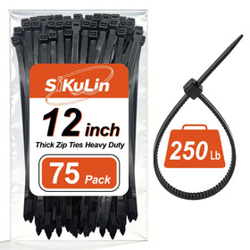 SiKuLin heavy-duty zip ties 12 inch, black, 75-pack for quick, secure cable organization.