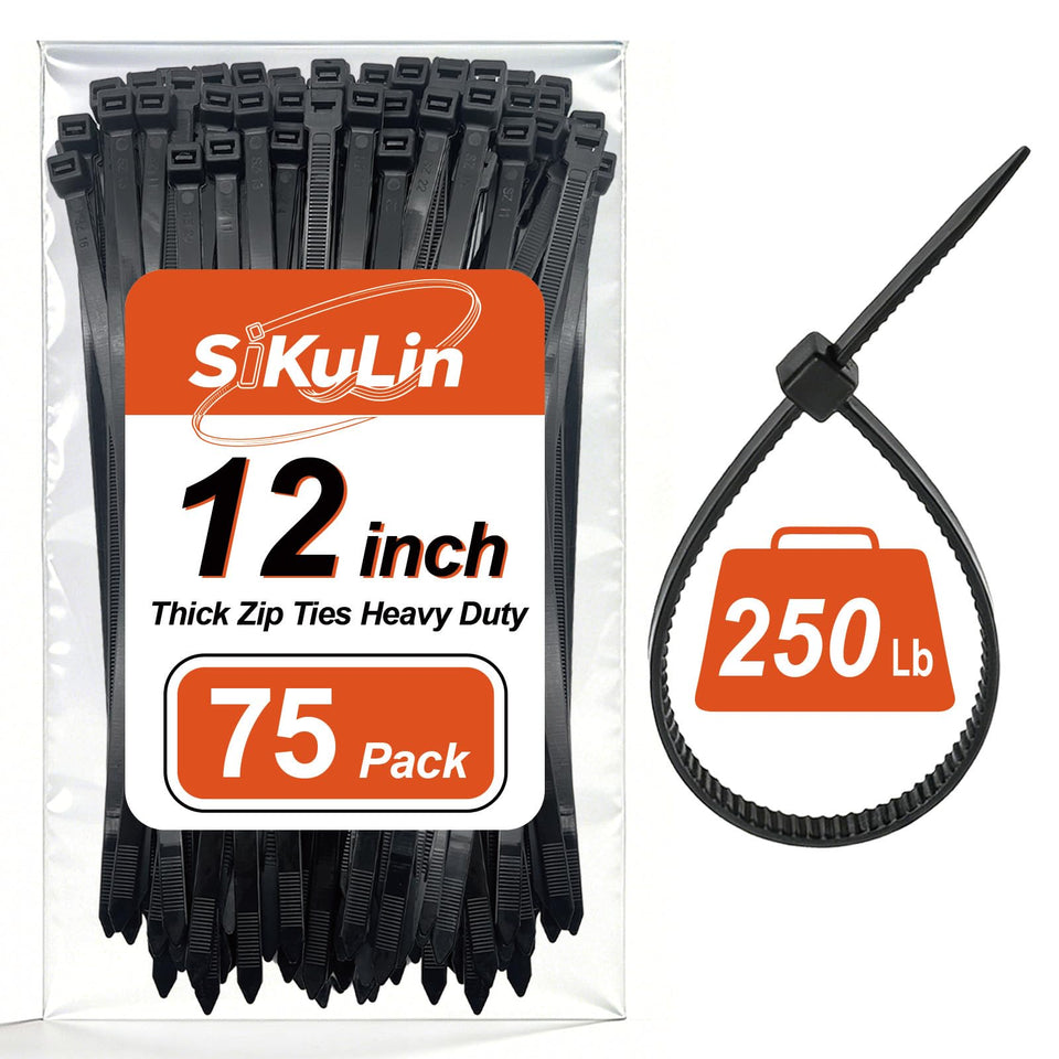 SiKuLin heavy-duty zip ties 12 inch, black, 75-pack for quick, secure cable organization.