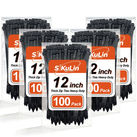 SiKuLin thick zip ties, 12-inch black, ideal for heavy-duty cable organization.