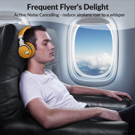 Silensys E7 ANC headphones folded for compact travel storage.