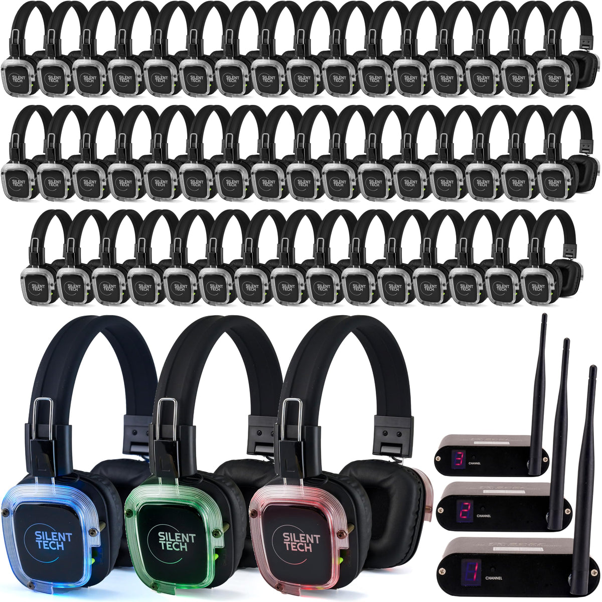 Silent Tech Silent Disco headphones set for 50 guests with immersive sound for events