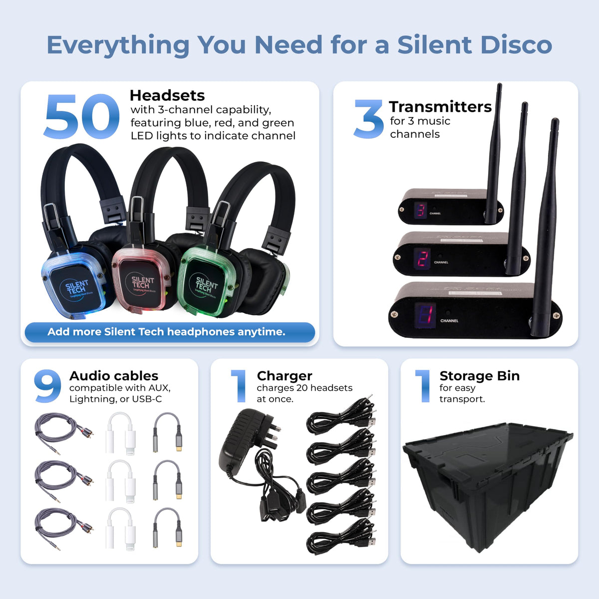Silent Tech Silent Disco transmitters offering three-channel control for mixed playlists