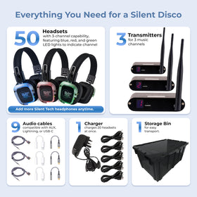 Silent Tech Silent Disco transmitters offering three-channel control for mixed playlists
