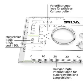 Silva Expedition 4 baseplate showing 1:25k 1:40k 1:50k map scales for quick measuring