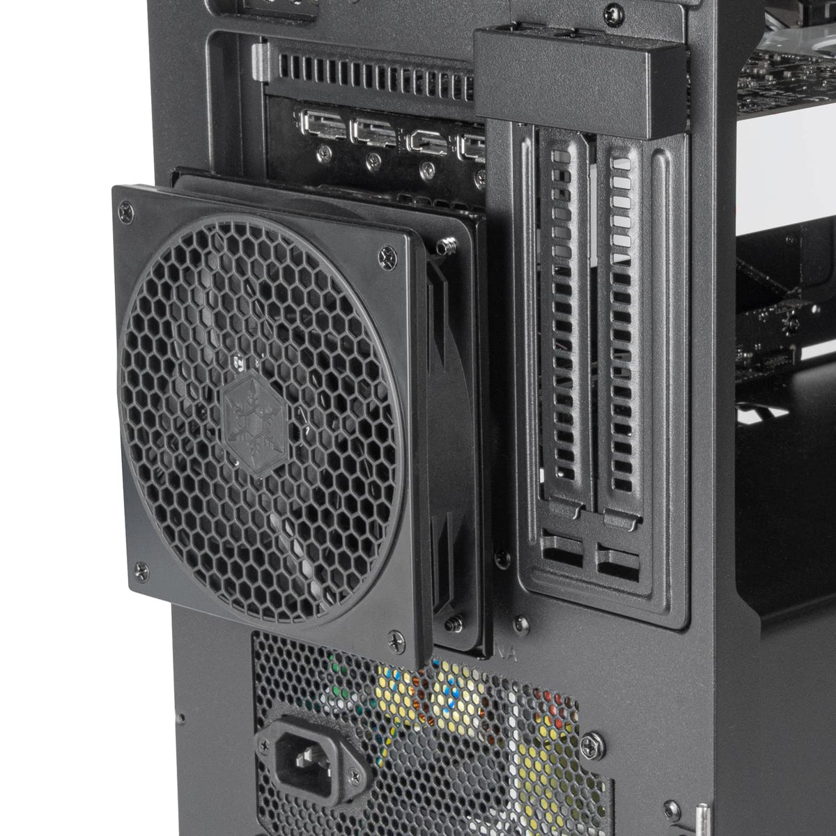 SilverStone FDP02B rear-view shows mounting to PCIe slots for easy installation.