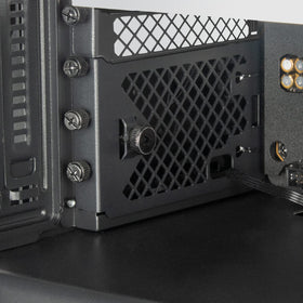 SilverStone FDP02B fan close-up highlights 120mm fan and safety grill for safe operation.
