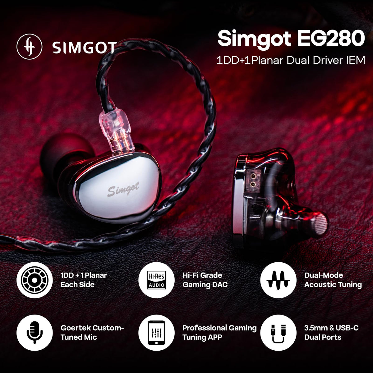 HIFIXAUDIO SIMGOT EG280 side profile emphasizes ergonomic fit and cable flexibility.