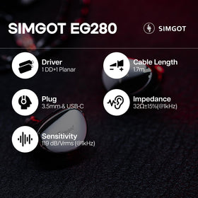 HIFIXAUDIO SIMGOT EG280 USB-C adapter included for versatile devices.