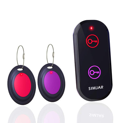 SIMJAR key finder front view showing remote and two receivers, easy locating benefit