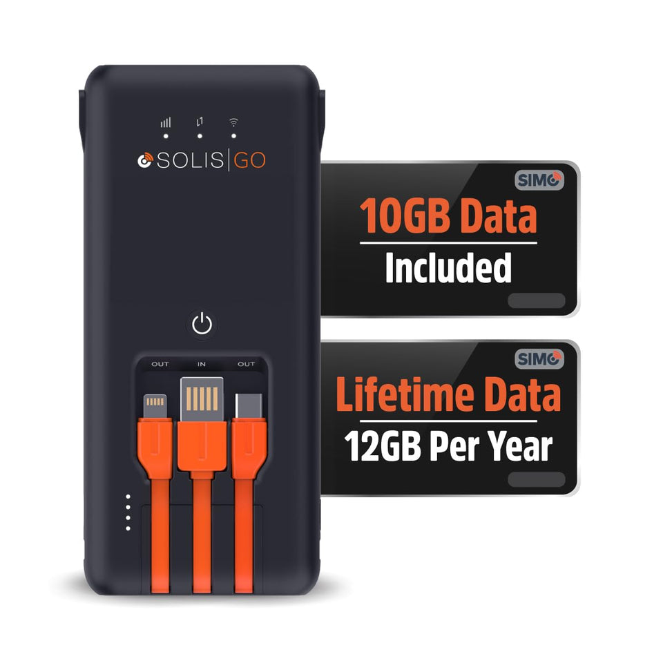 SIMO Solis Go hotspot with built-in power bank for portable connectivity.