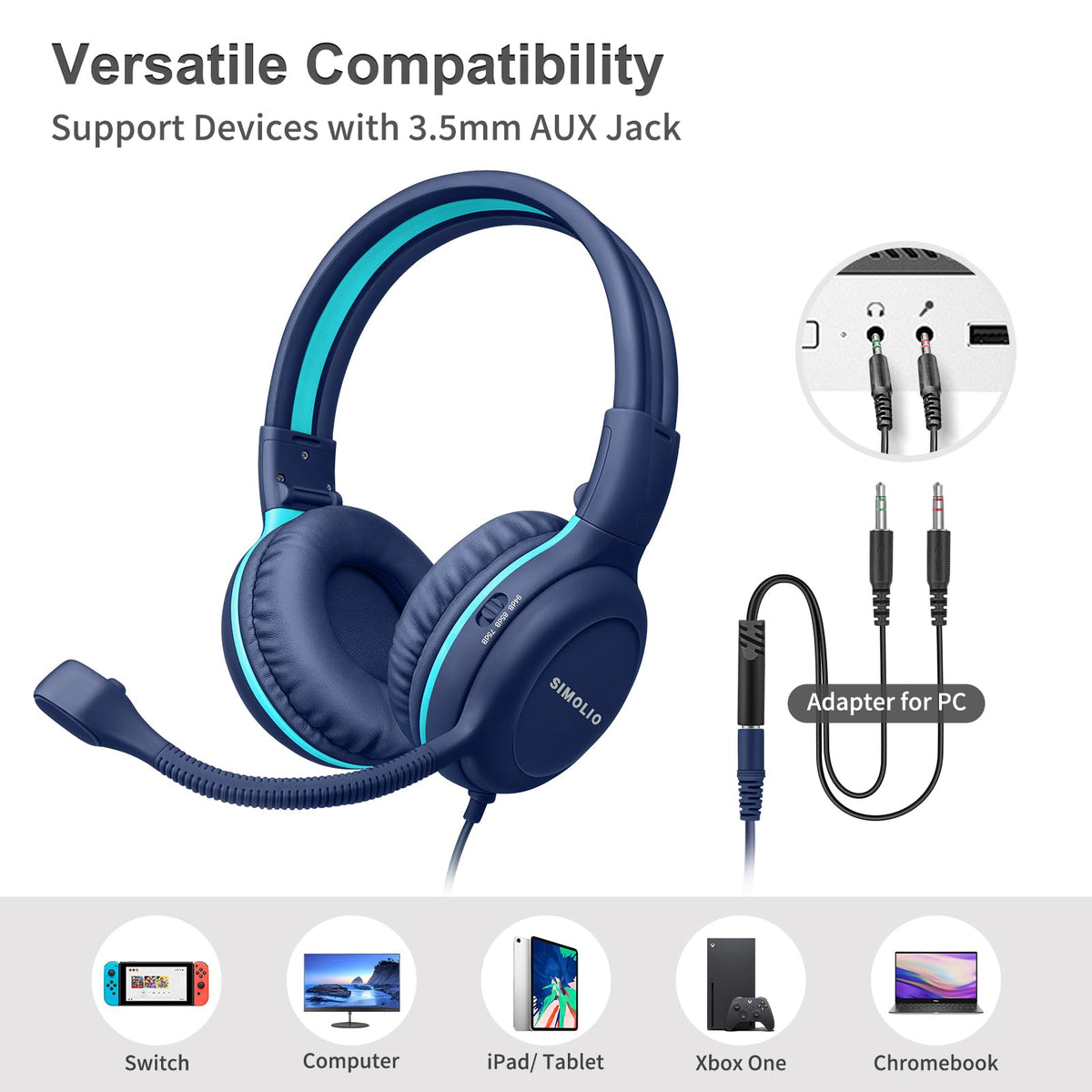 SIMOLIO 3.5mm plug and Y-audio adapter enabling wide device compatibility