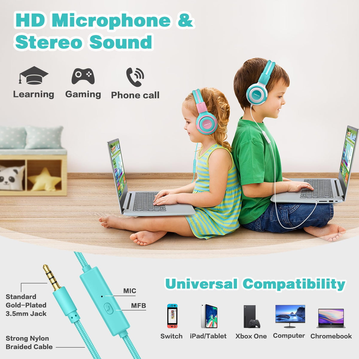 SIMOLIO 3.5mm sharing jack close-up, easy two-listener sharing benefit