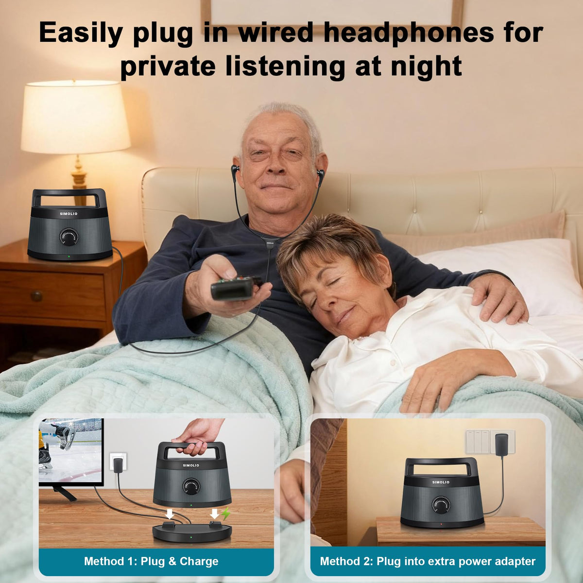 SIMOLIO 621D Plus private listening headset enables quiet TV viewing.