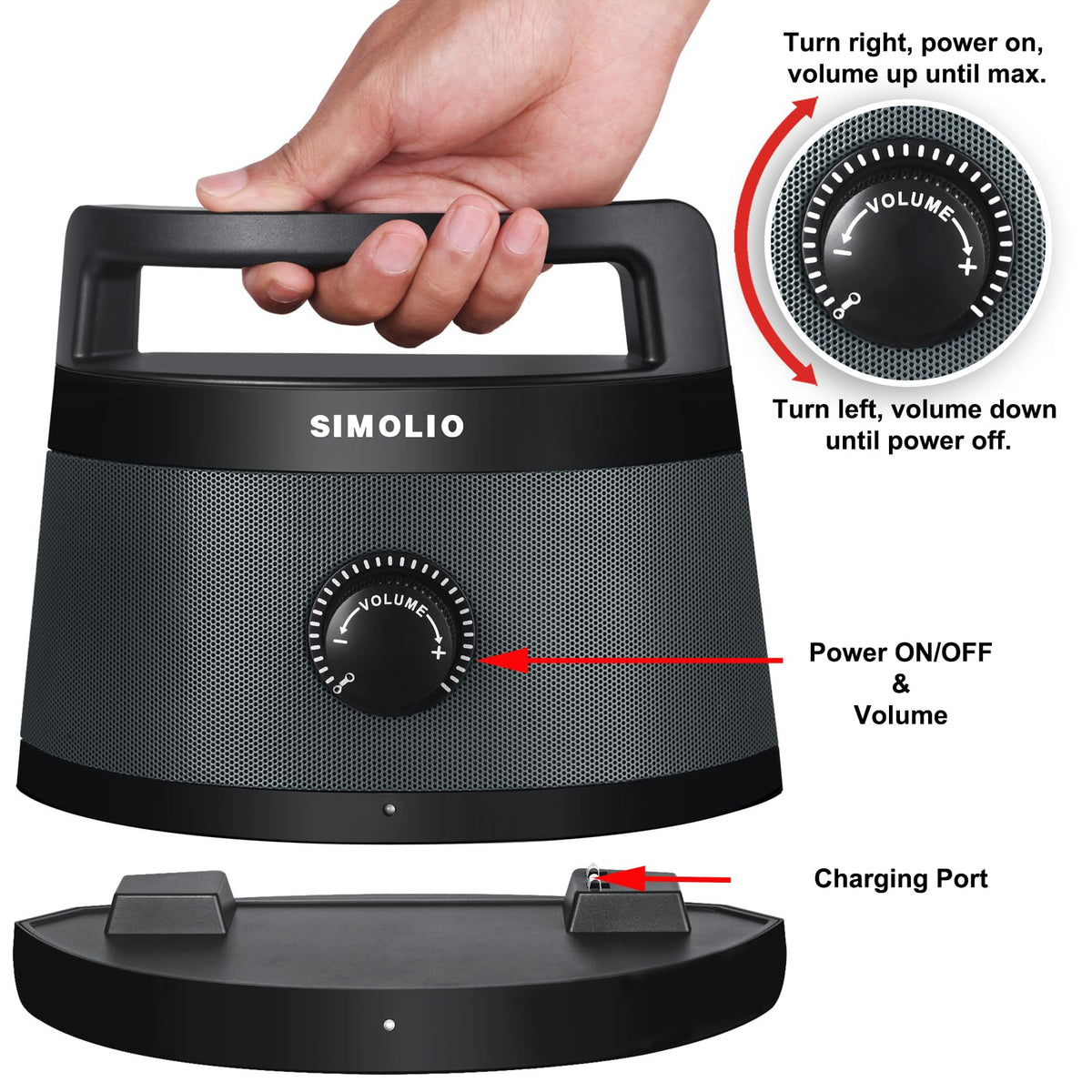 SIMOLIO 621D Plus upgraded battery base for all-day listening and safe charging.