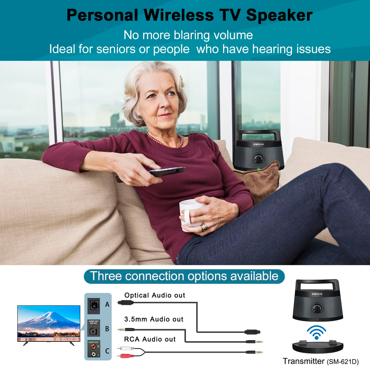 SIMOLIO 621D Plus voice clarity technology emphasizes dialogue over background noise.