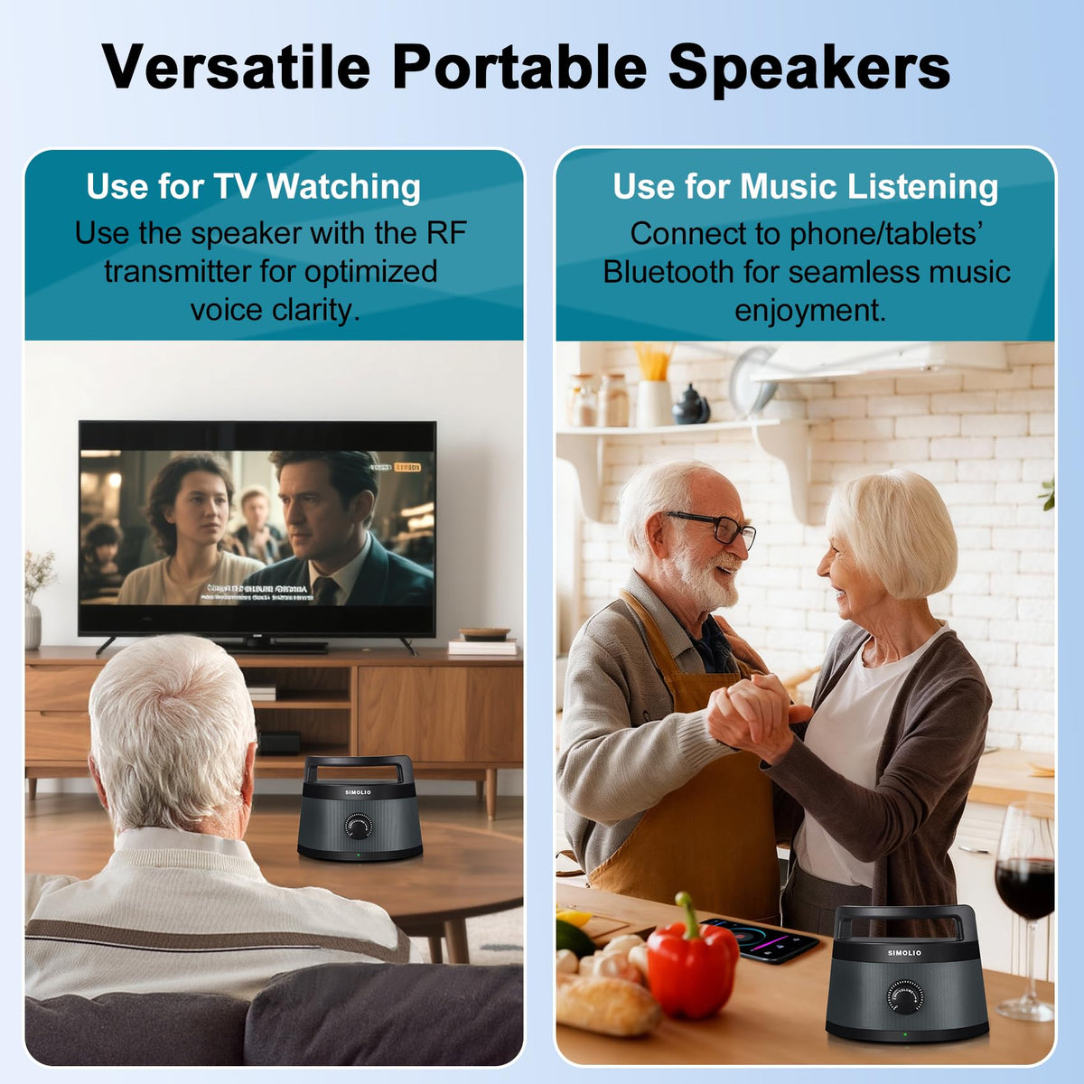 SIMOLIO 621D Plus wireless speakers provide room-filling stereo without headphones.