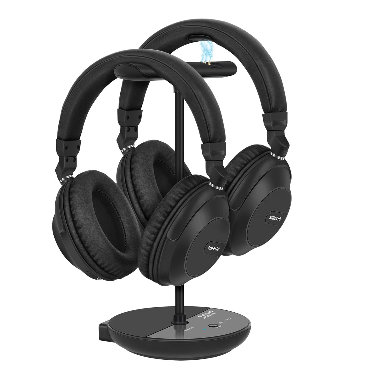 Simolio 737D Plus dual headphones with independent volume control for shared TV viewing.