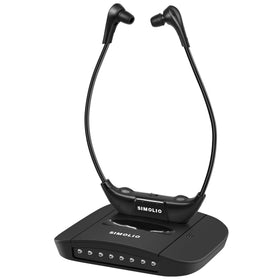 SIMOLIO digital wireless headphones on ears for comfortable TV listening.