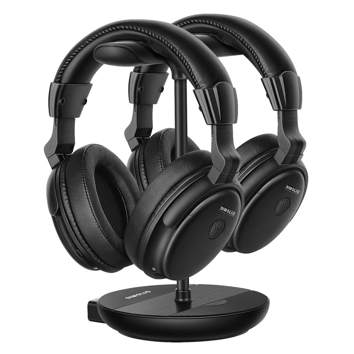 SIMOLIO dual headphones with transmitter setup for stable, synchronized TV audio.