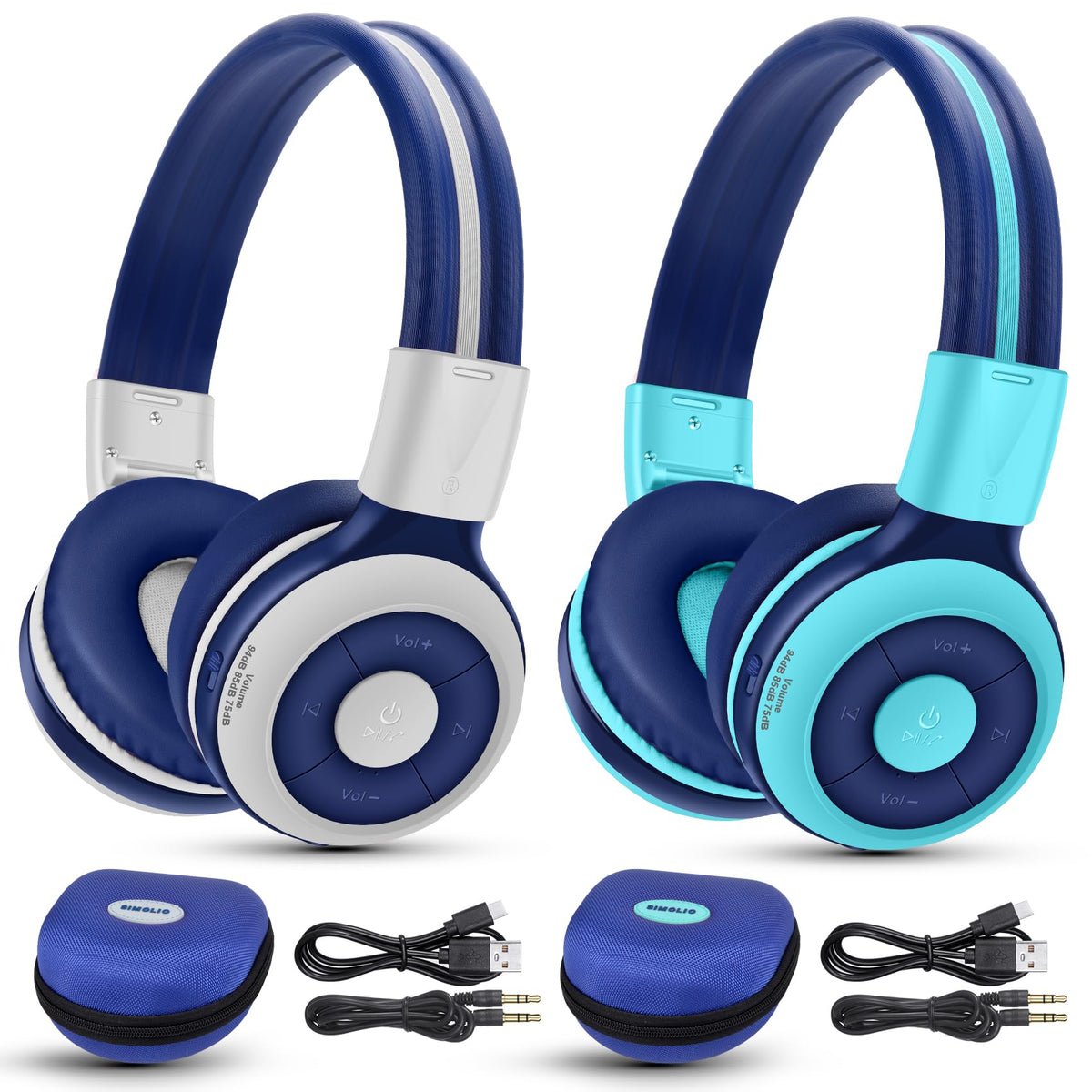 SIMOLIO front packaging showing two headphones and benefits