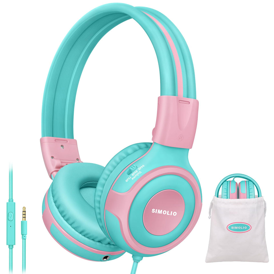 SIMOLIO front view showing mint and pink headphones, clear kid-friendly design benefit