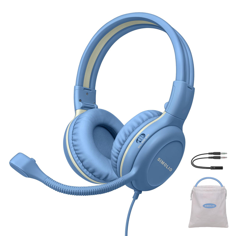 SIMOLIO front view headset with mic showing wearable design and easy controls