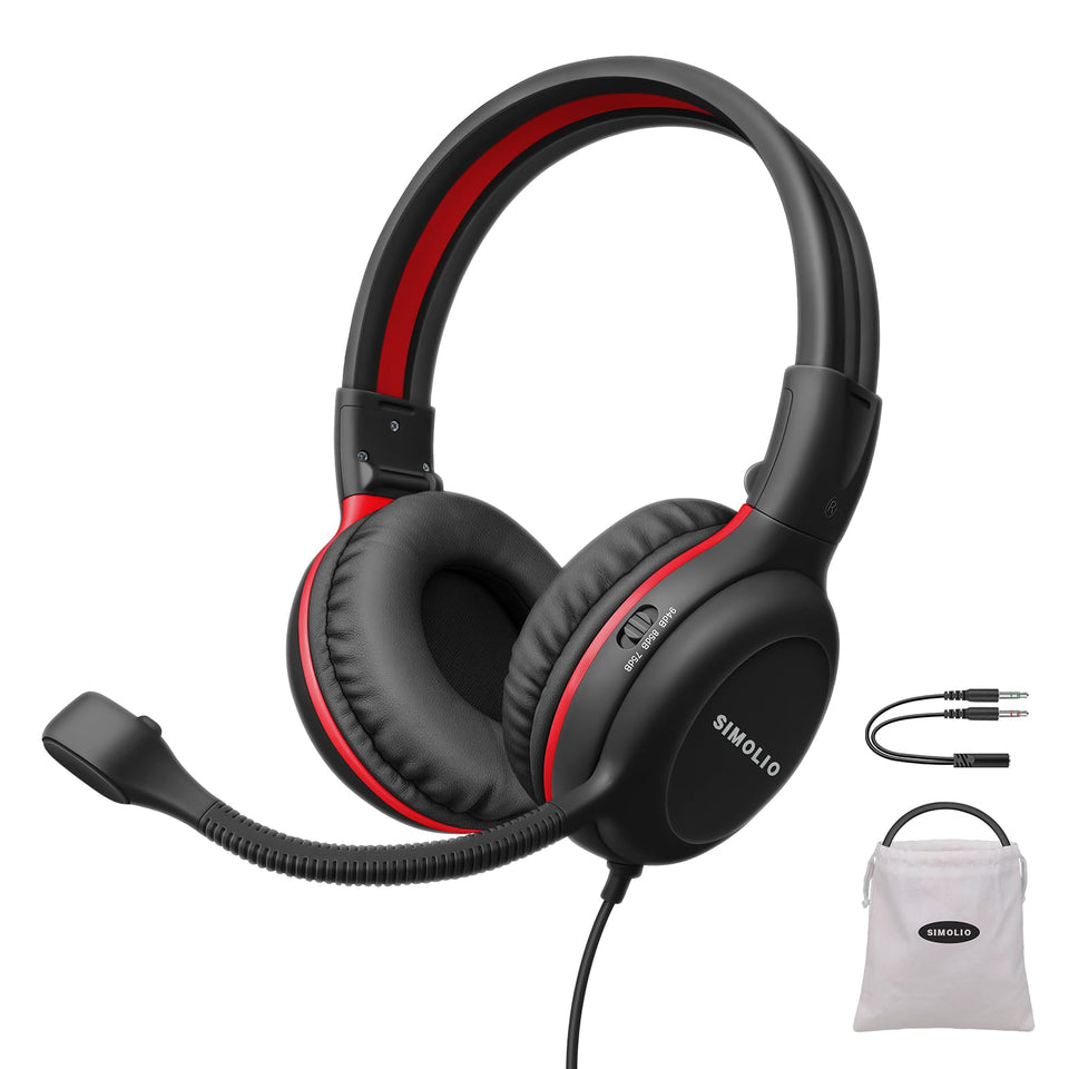 SIMOLIO front view showing headset and pouch, highlighting portability and protection