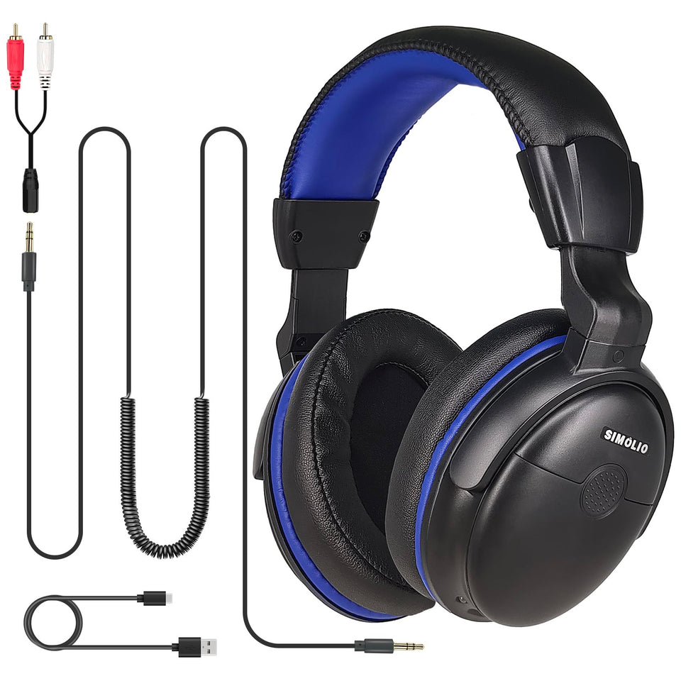 SIMOLIO front view showing packaging and headphone set benefits