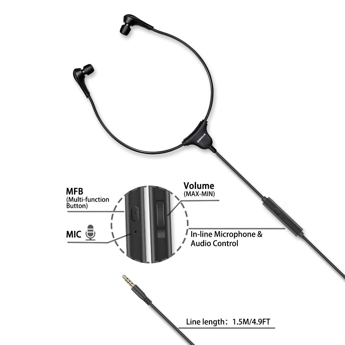 SIMOLIO headset with built-in mic and inline controls for hands-free calls