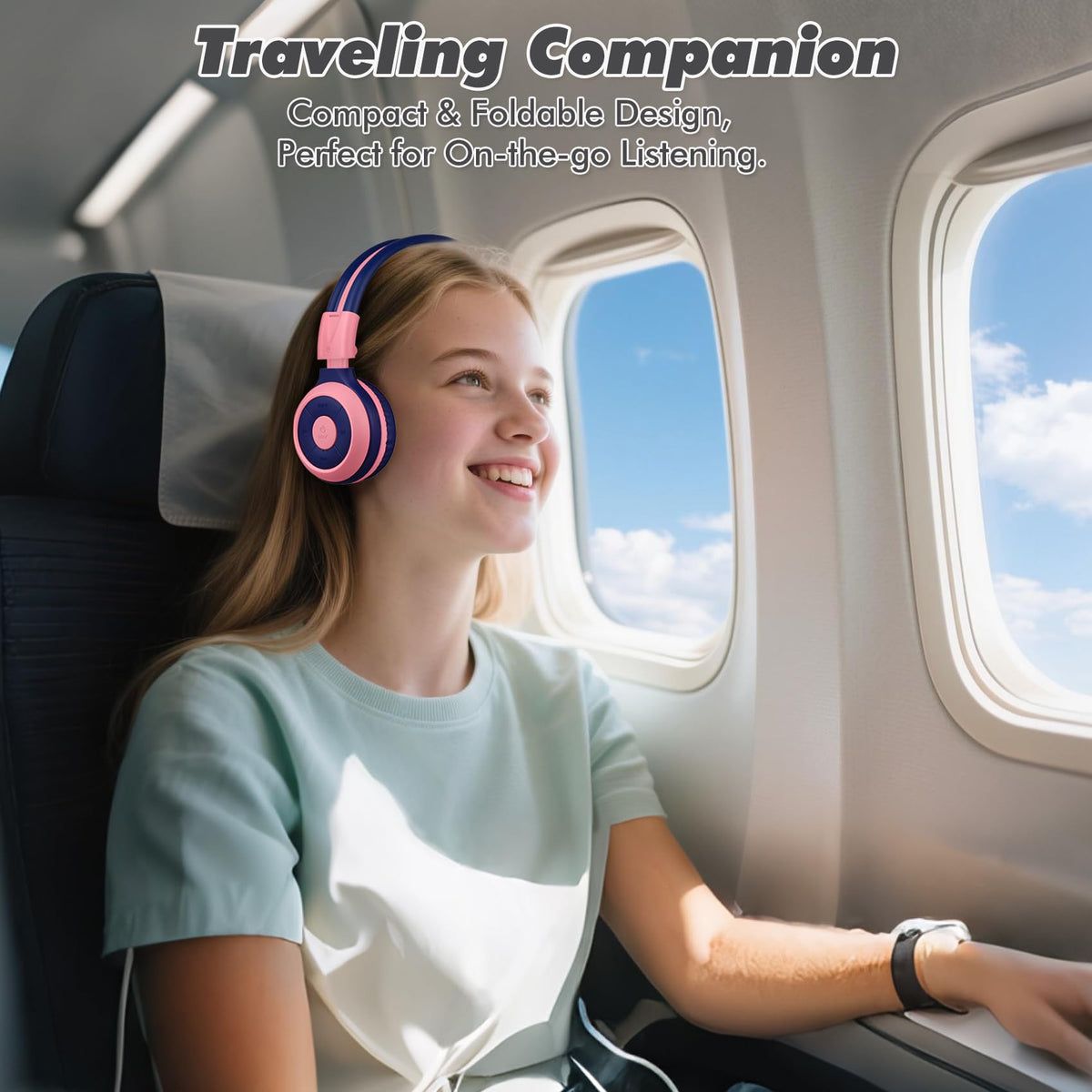 SIMOLIO Kids Headphones in 94dB travel mode reducing cabin noise during flights