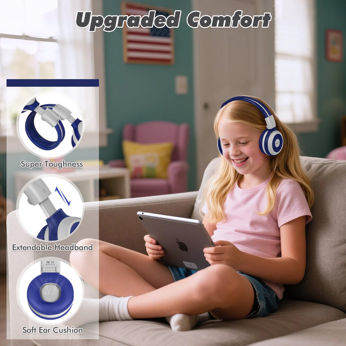 SIMOLIO Kids headphones reinforced headband for durable daily use by active kids.
