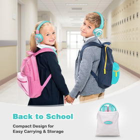 SIMOLIO child using tablet with headphones, safe-volume listening on the go benefit