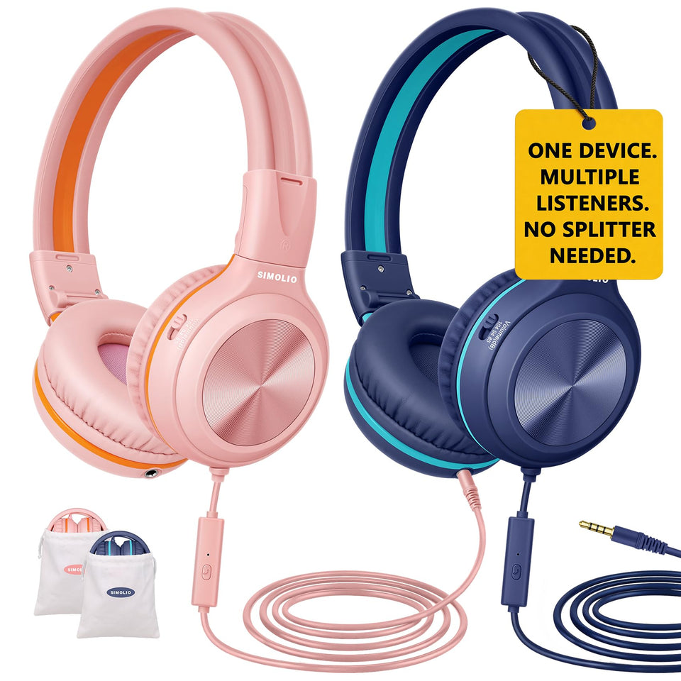 SIMOLIO Manyshare 2-pack foldable headphones for easy travel and school use.
