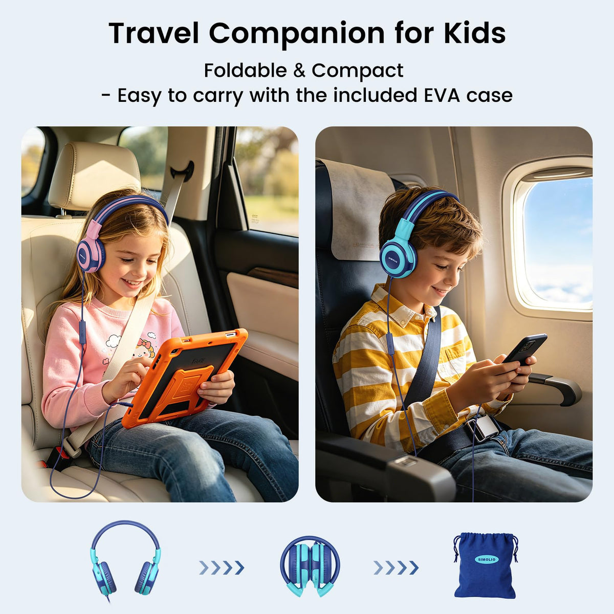 SIMOLIO folded in pouch for compact travel and tangle-free storage benefit