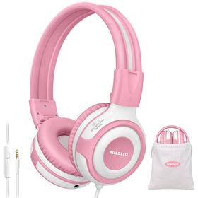 SIMOLIO front view of pink headphones showing design and safe volume switch