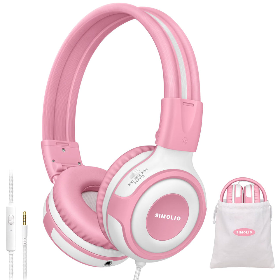 SIMOLIO front view of pink headphones showing design and safe volume switch