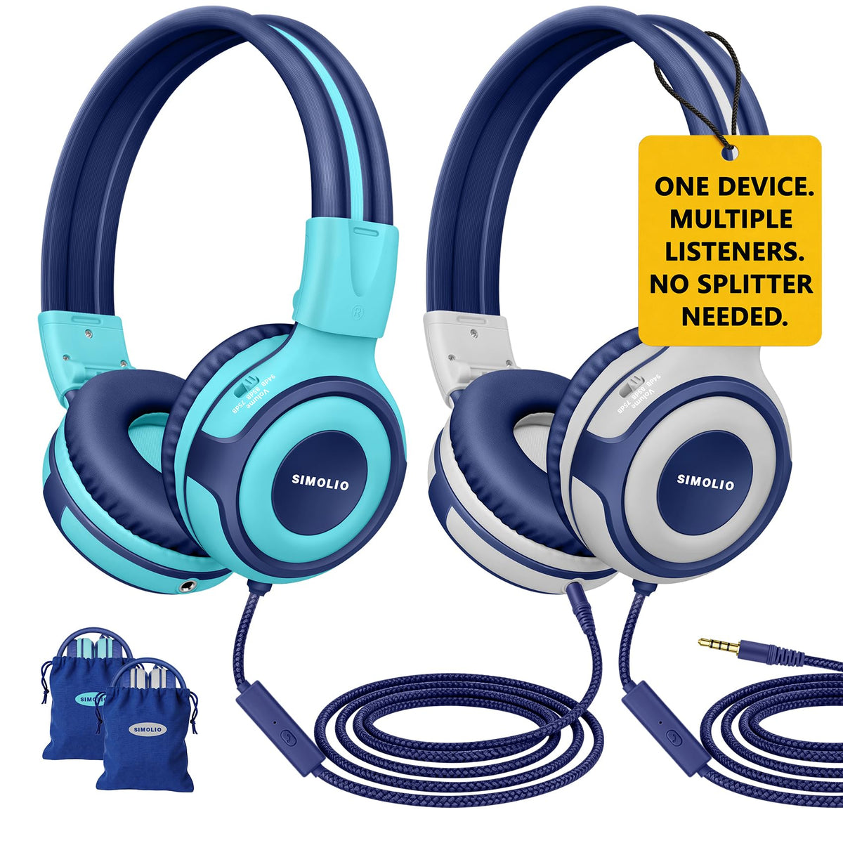 SIMOLIO headphones front view showing comfortable ear cushions and foldable frame benefit