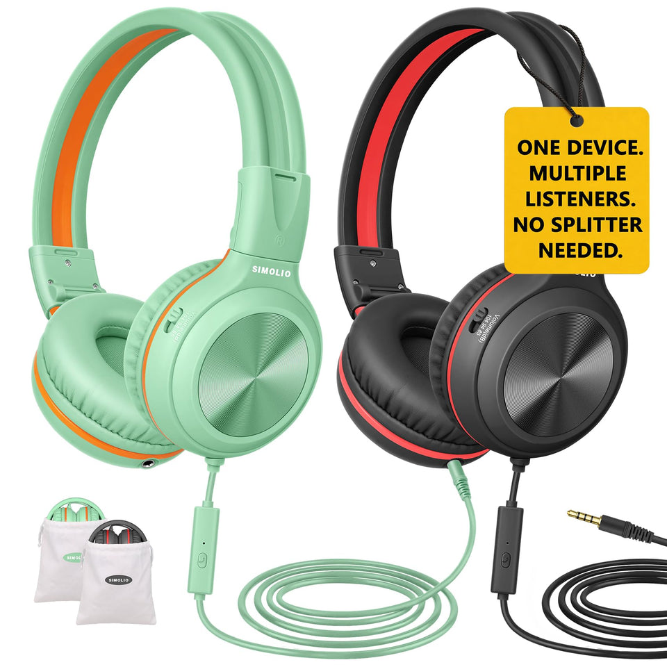 SIMOLIO Manyshare 2-pack headphones with share port for easy shared listening on the go.