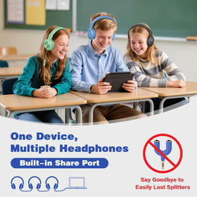 SIMOLIO Manyshare volume limiter protects ears in classroom and travel scenarios.